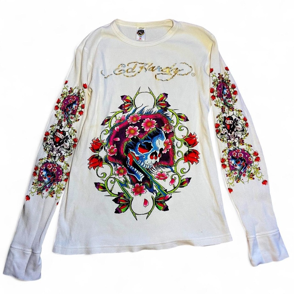 Ed Hardy Cream Skull and Floral Long Sleeve Tee